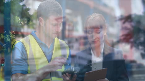 animation of fast pace city road over man and woman checking stock in warehouse shipping centre