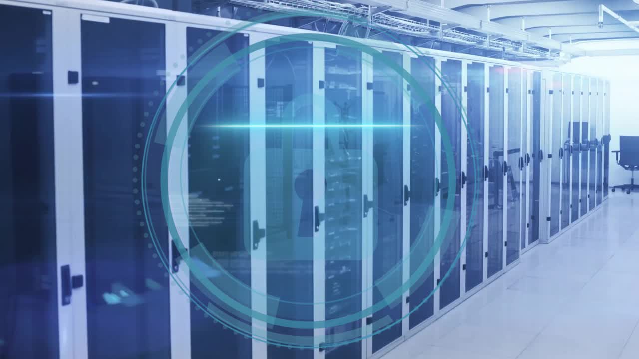 Animation of cyber security text, scanner with padlock icon and data processing over server room