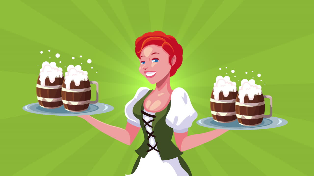 Donna che serve birra in abiti tradizionali tedeschi