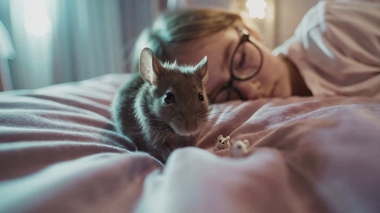 Ragazza che dorme con un topo sul suo letto