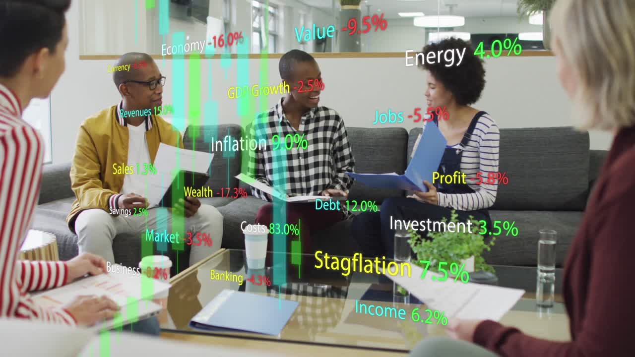 Animation of data processing over diverse business people at office