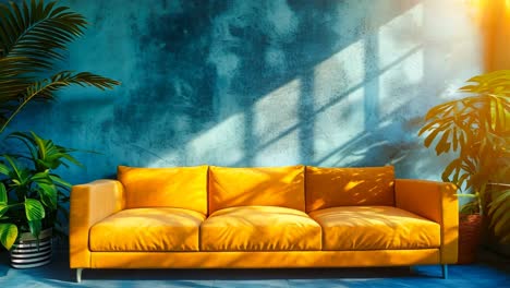 a yellow couch sitting in front of a blue wall next to a window