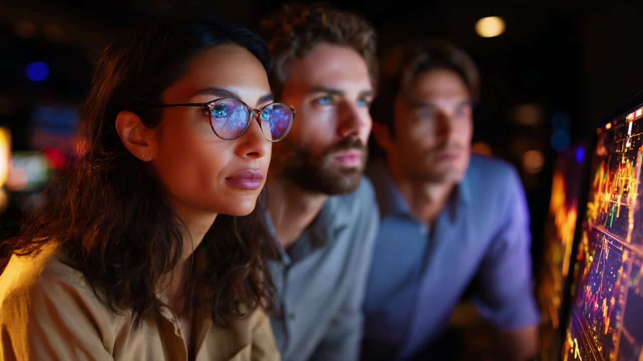 Focused Individuals Analyzing Data on a Computer Screen in a Dimly Lit Environment, Highlighting Collaboration and Concentration on Technology-Driven Analysis and Insights