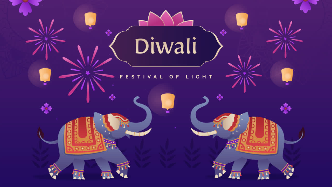 una animación de fondo de gradiente para la celebración del festival de diwali con elefantes y linternas