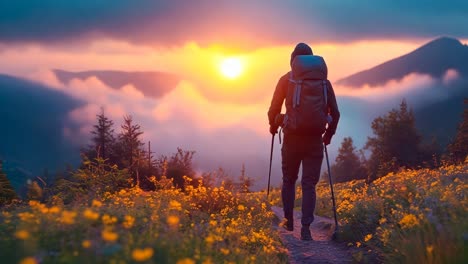 a person walking on a trail in a field of flowers at sunset