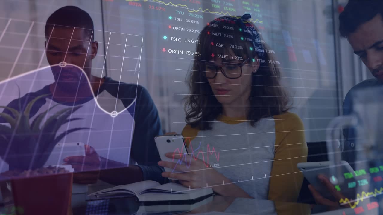 Animation of stock market data processing over diverse colleagues using electronic devices at office