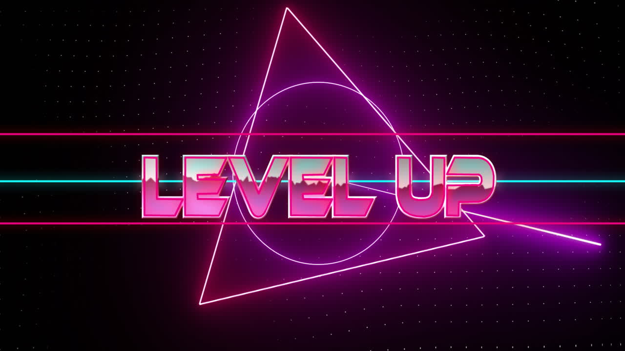 어두운 배경에 네온 기하학적 모양 위에 텍스트 애니메이션을 레벨 업