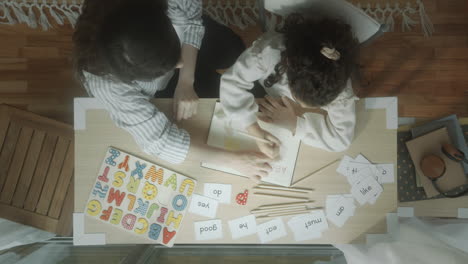 little girl learning alphabet with mother at home