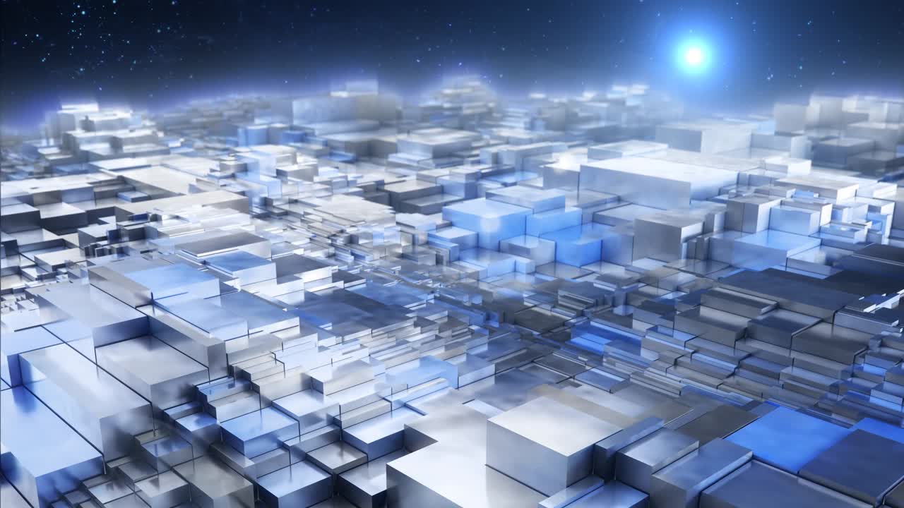 미래의 공상과학 소설 이동 기하학 반이는 금속 큐브 행성 표면 - 4k 원활한 루프 모션 배경 애니메이션