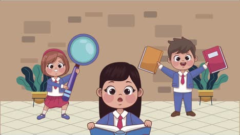 tres estudiantes niños personajes de animación