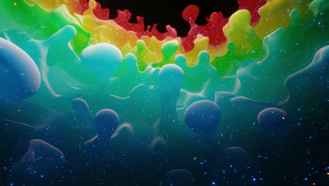 smooth abstract animation of liquid gradient rainbow color in 4k. bright matte paint surface as abstract looped festive background. glitters on viscous liquid with 3d splashes on surface like drops.