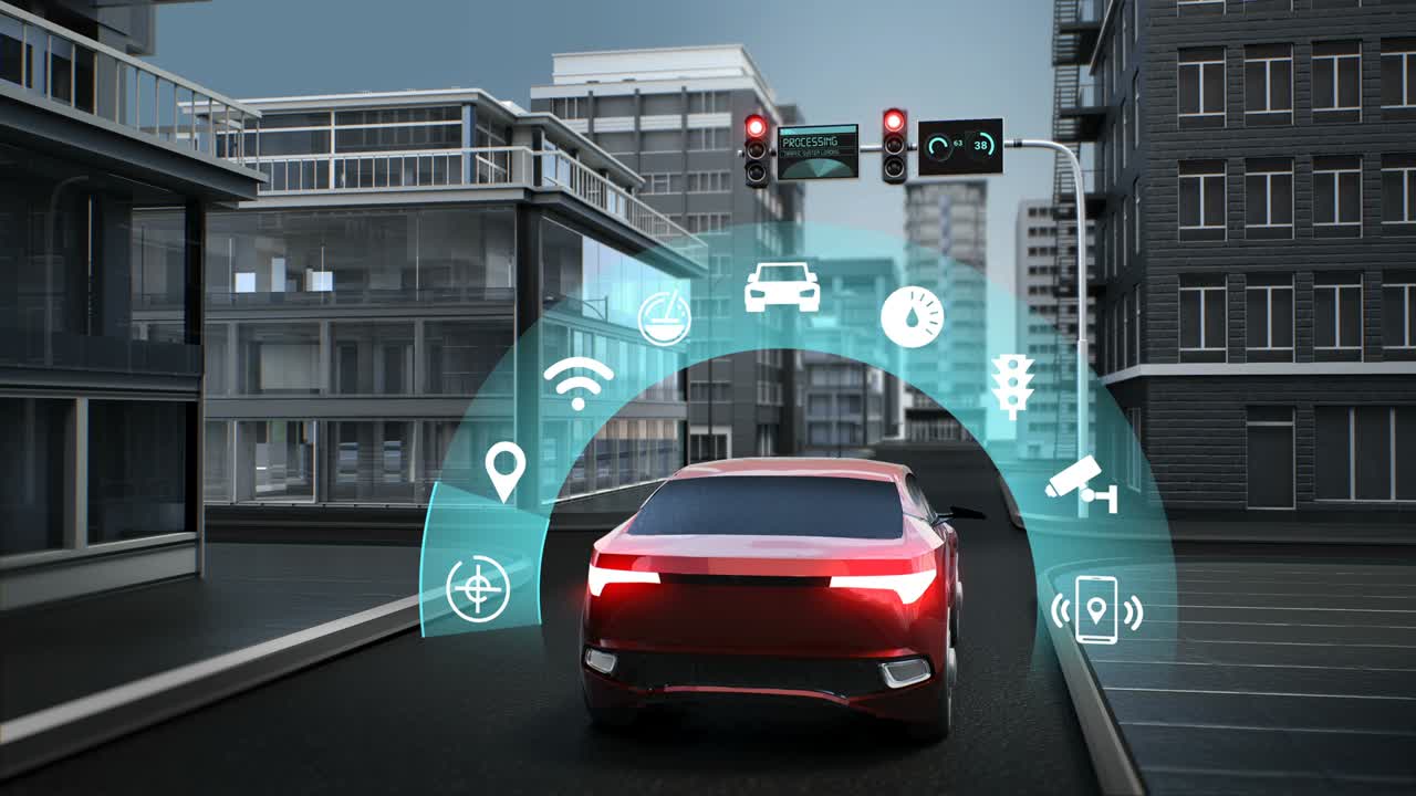 아이오트 카 연결 트래픽 정보 선택 응용 프로그램 아이콘, 제어 시스템, 무인 차량의 자율 운전, 사물 인터넷, 4k 애니메이션