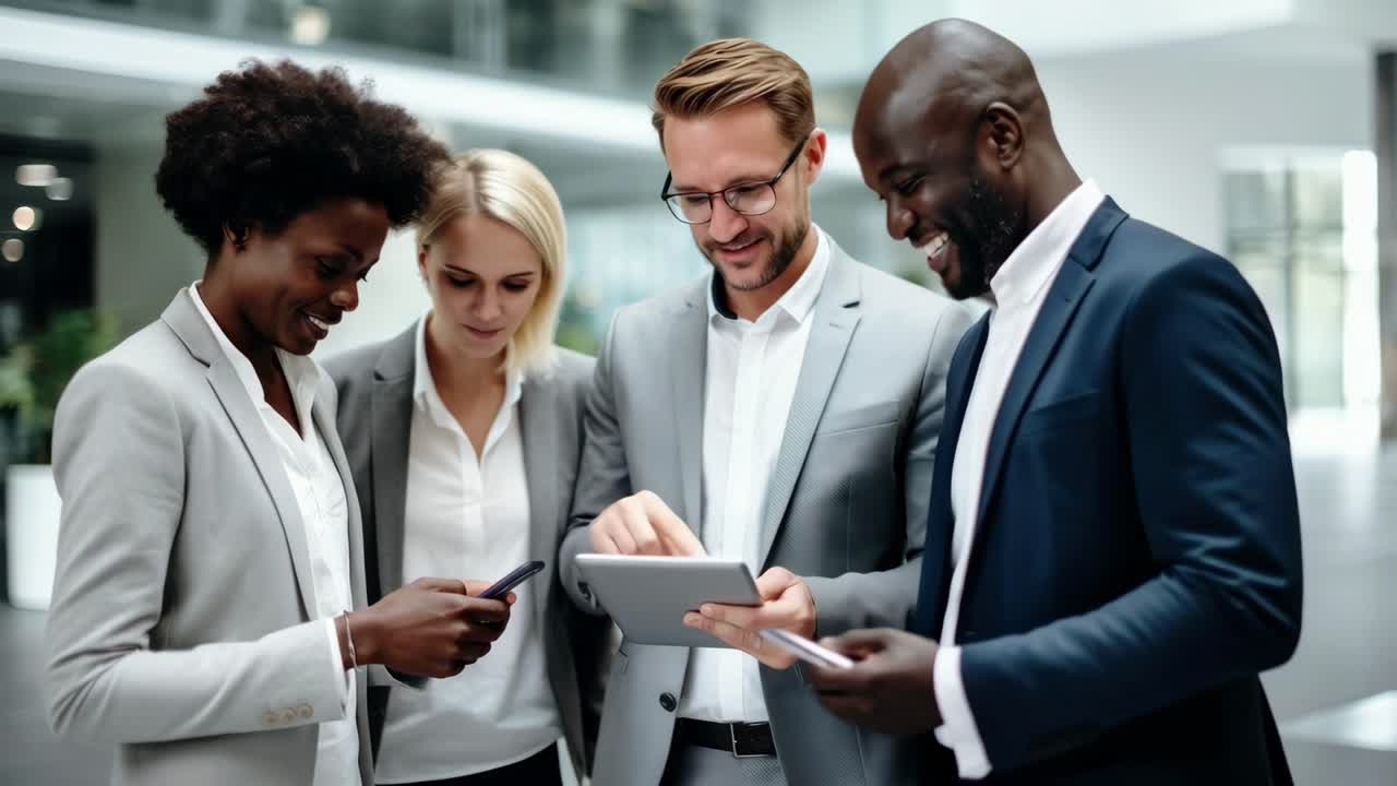 A diverse group of professionals in suits, engaged with digital devices