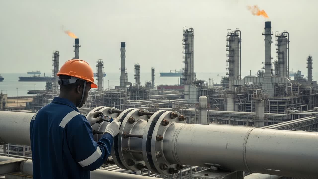 Industrial Worker Inspecting Pipeline Infrastructure in Oil Refinery with Flaring Towers and Ships in Background, Showcasing Vital Energy Sector Operations