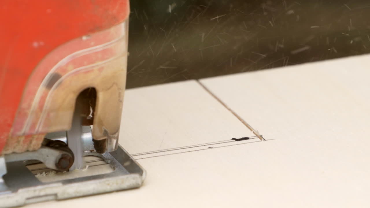 puzzle elettrico al rallentatore, segatura da sinistra a destra in una tavola di pino multiplex