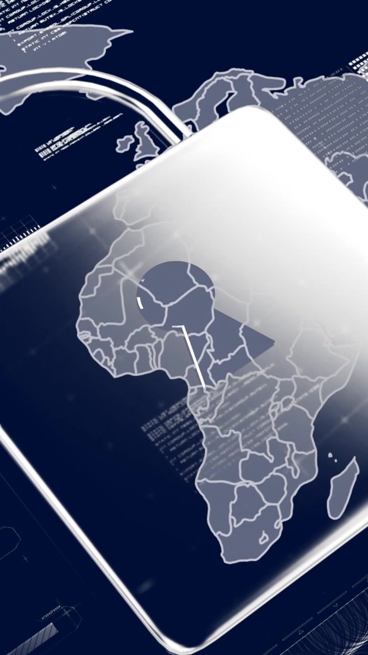 Animation of online security padlock and data processing over world map