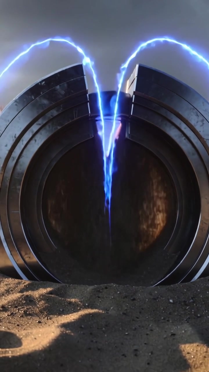 Vertical video: Opening ring pouring sand, forming vertical sand jet, blue beam and arcs on dunes