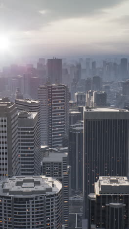 una hermosa vista aérea de un horizonte de la ciudad con rascacielos y niebla