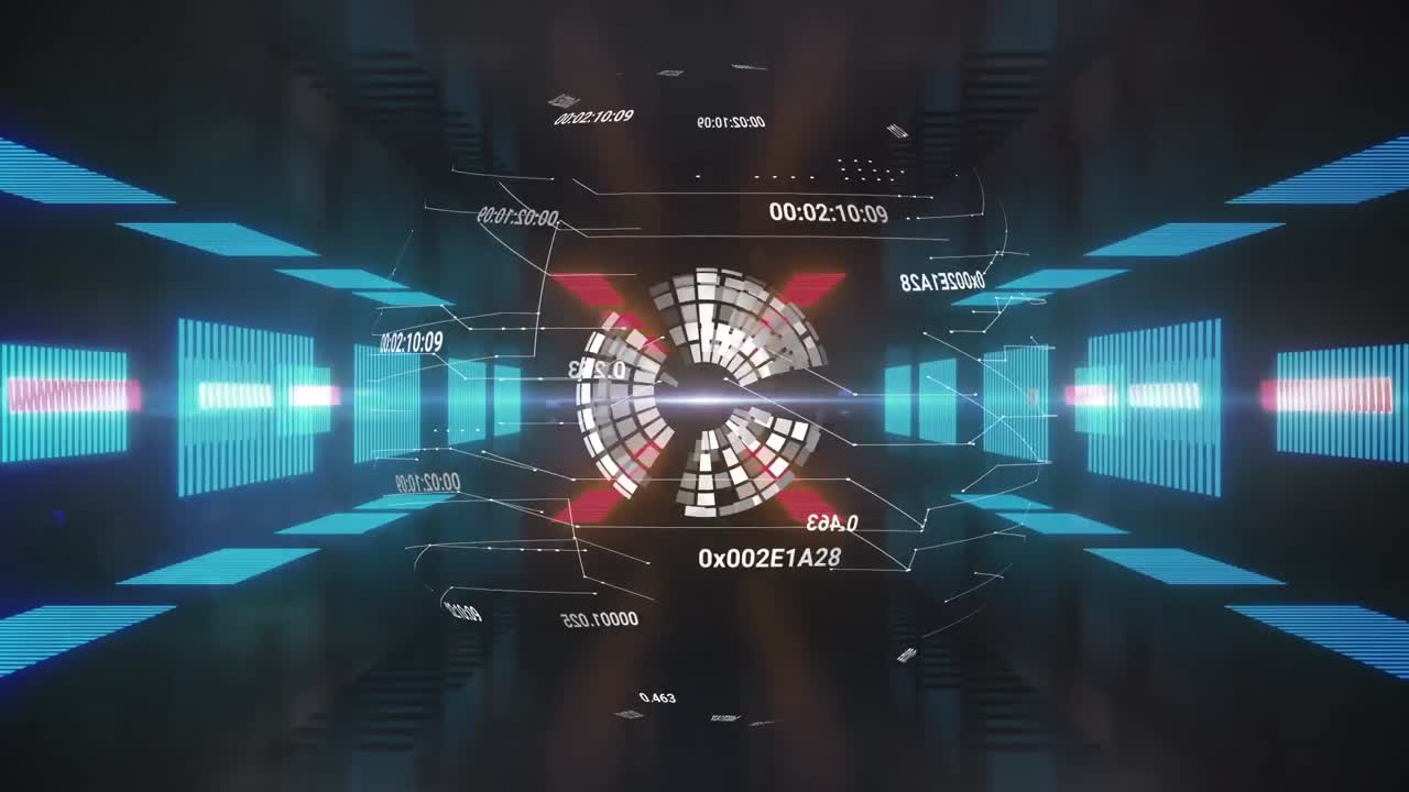 검은색 배경에 파란색 화면을 가진 연결과 숫자를 가진 지구의 애니메이션