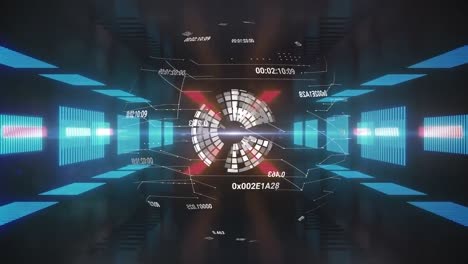 animation of globe with connections and numbers with blue screens on black background