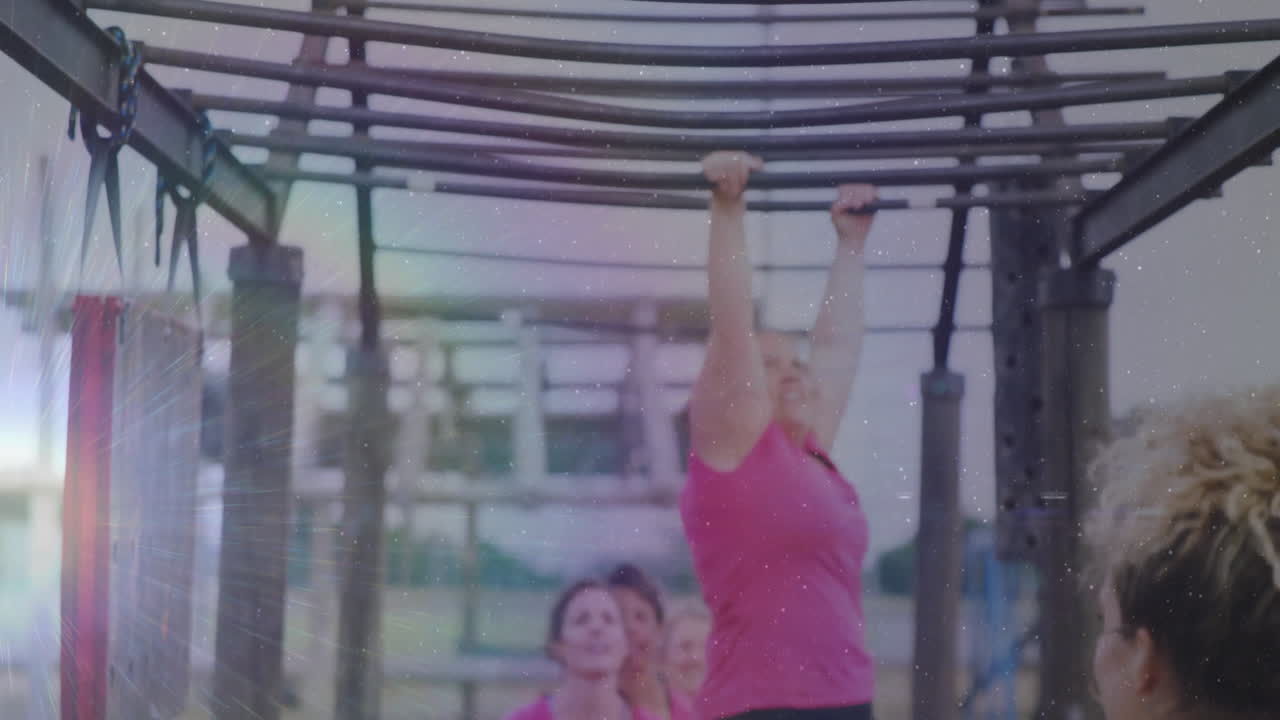Exercising on monkey bars, women with colorful animation effects outdoors