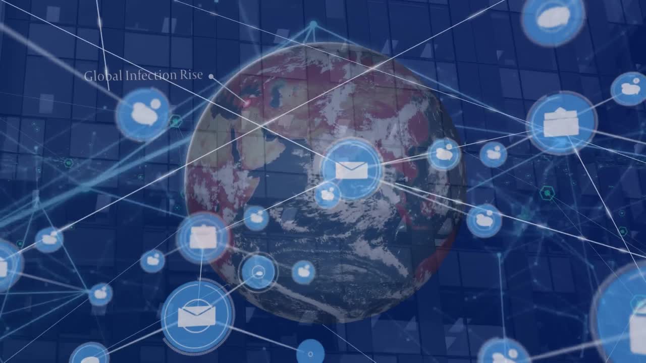 배경의 건물에 대해 전 세계에 연결된 아이콘과 점의 애니메이션