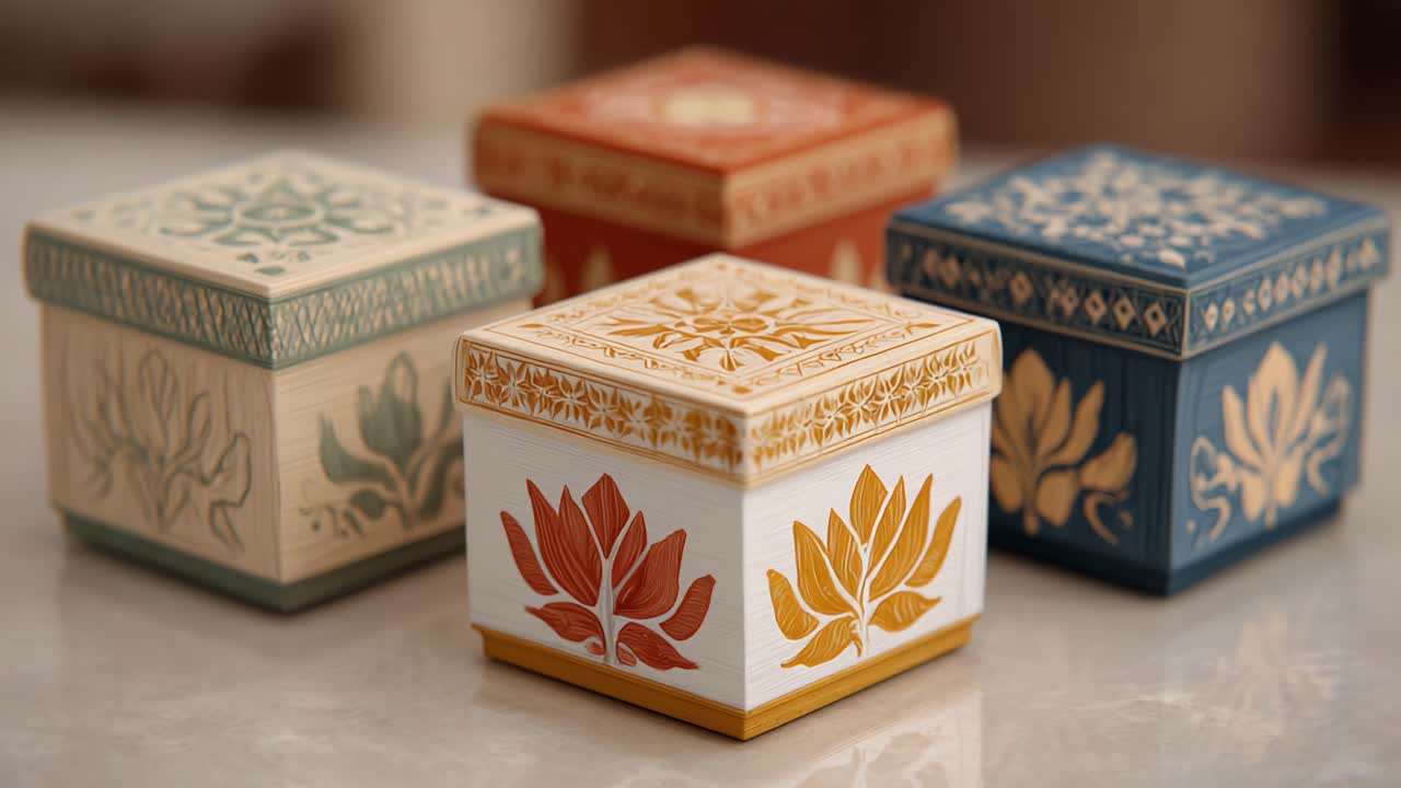 Aesthetic Display of Four Intricately Designed Decorative Boxes Featuring Floral Patterns and Vivid Color Combinations, Perfect for Home Decor Enthusiasts