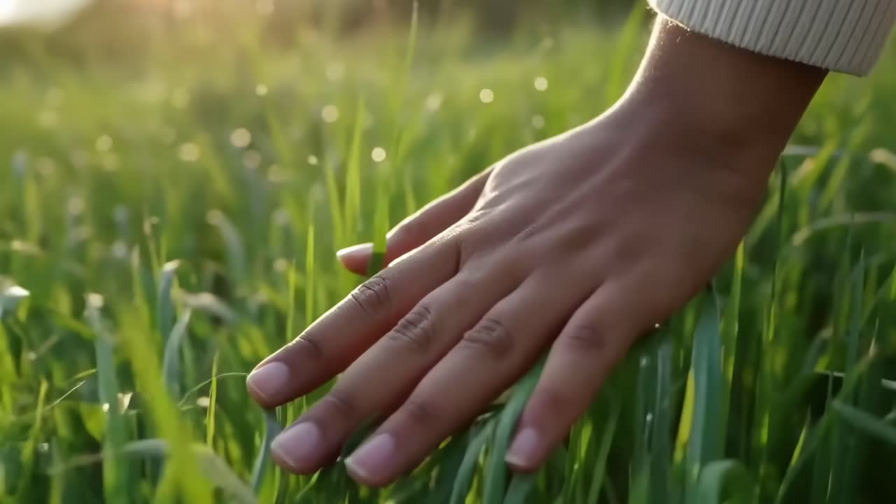 Close-up video of a hand gently touching grass, shot at a low angle in soft sunlight, Live desktop