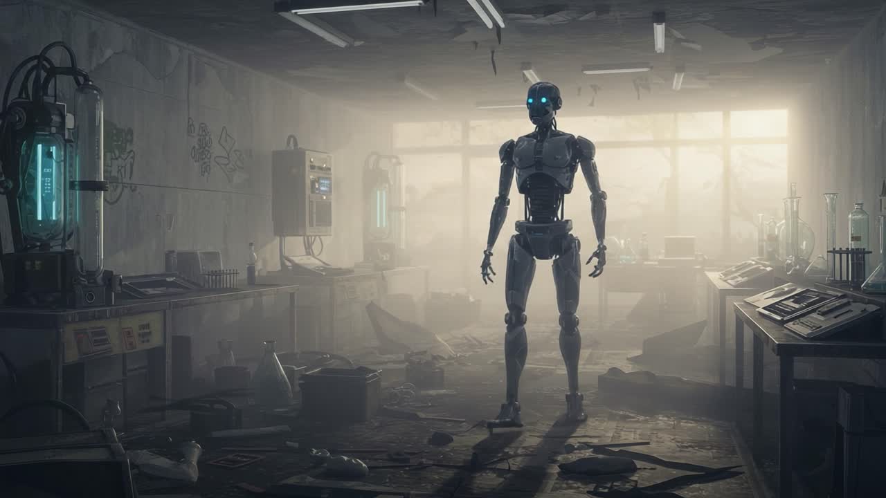 Un robot futuristico che si trova in un laboratorio scarsamente illuminato, pieno di resti caotici e attrezzature scientifiche, che incarna i temi della tecnologia e dell'esplorazione in un ambiente abbandonato