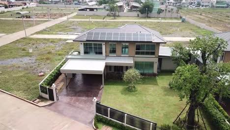 aerial view modern home exterior design with solar roof