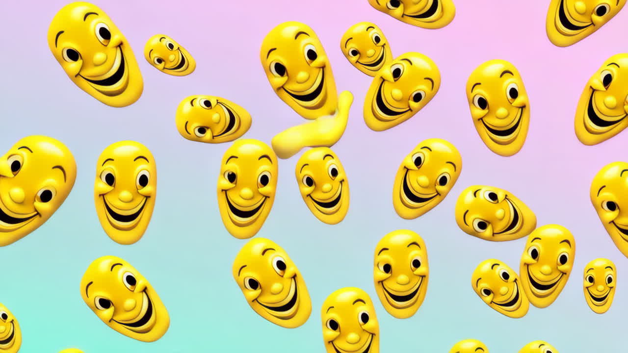 Pattern of Yellow Smiley Face Masks on a Gradient Background