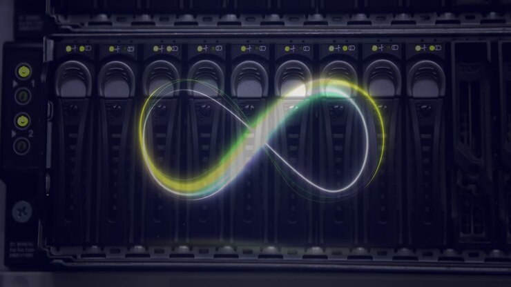 Animation of neon infinity over servers