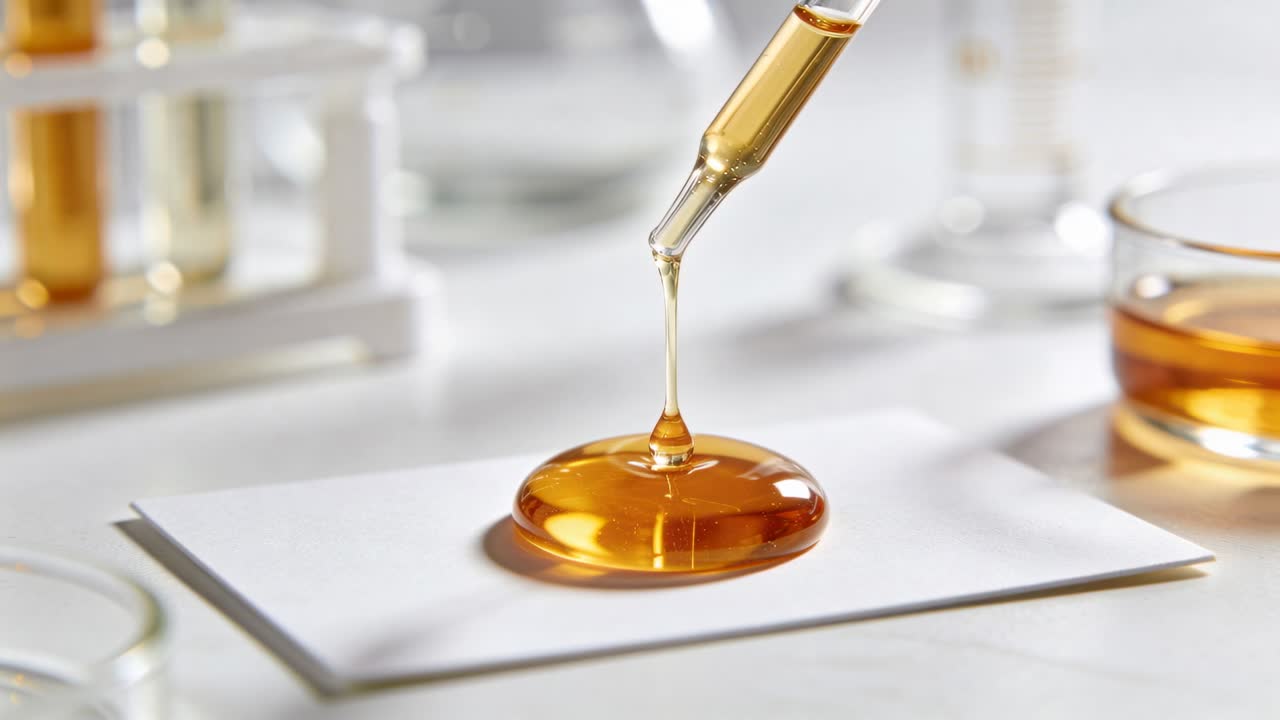 Lowering glass pipette releasing viscous amber liquid onto white card at lab bench, for testing