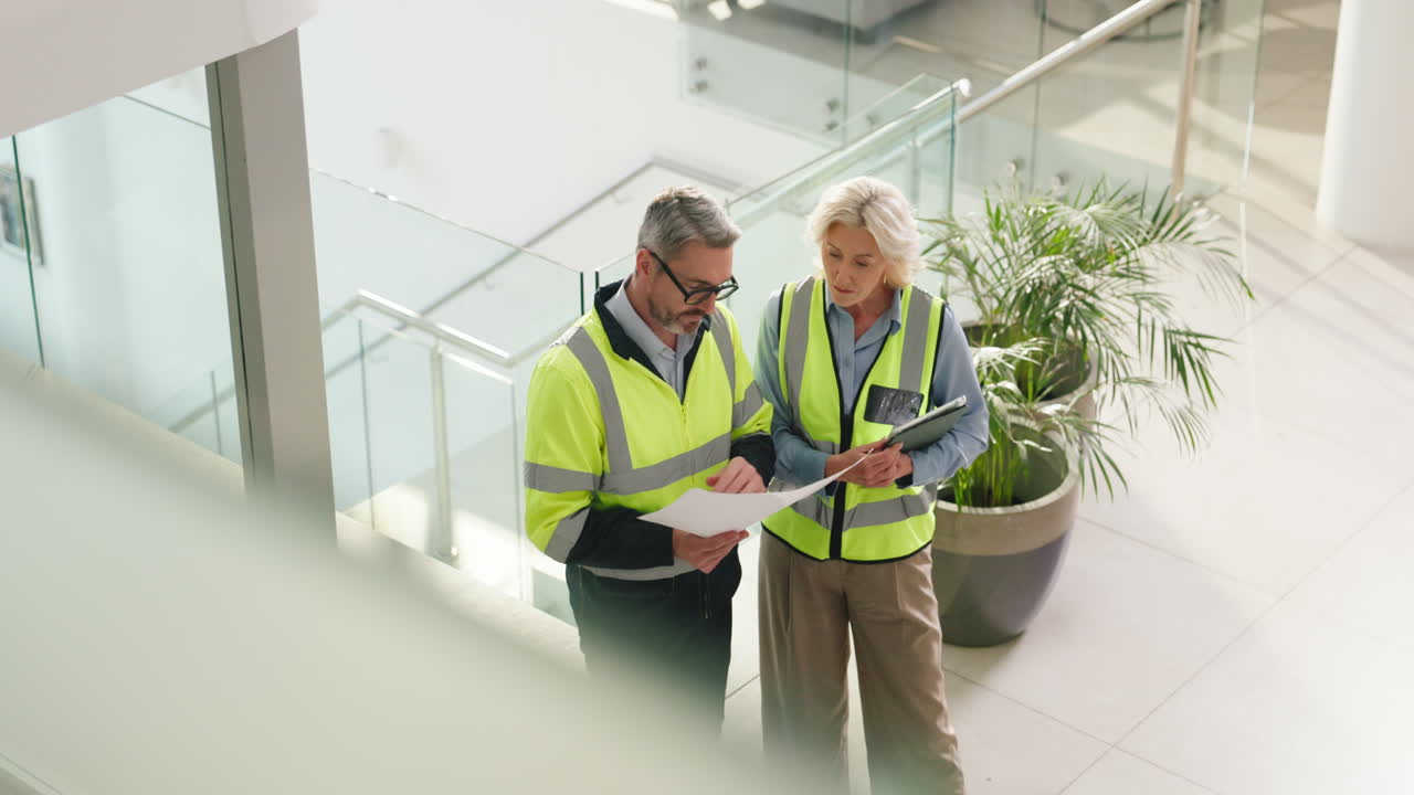 Construction workers discussing blueprints in building interior