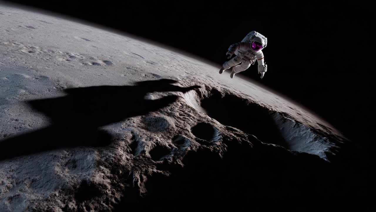 宇宙飛行士の冒険：勇敢な宇宙探査者が月面のクレーターに覆われた地形を進み、月の表面の孤立感と美しさを捉える。