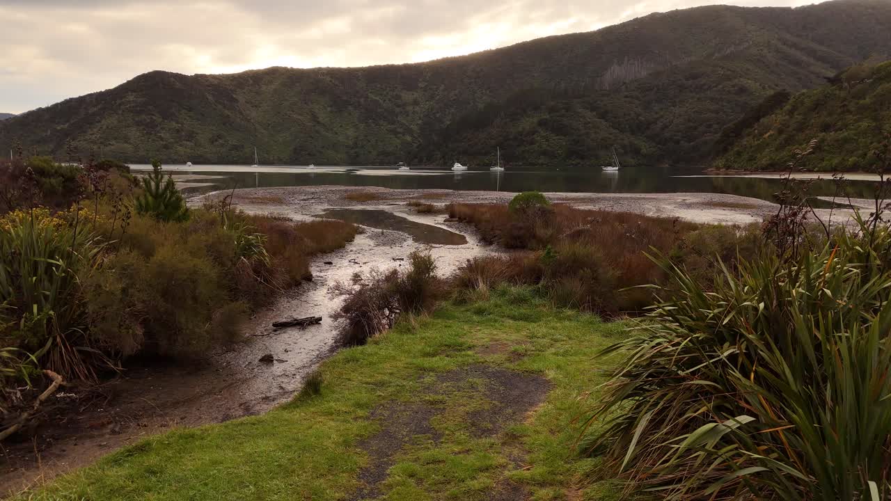 Low-altitude aerial footage flying over the scenic shoreline of Picton, South Island, New Zealand capturing coastal terrain and surrounding greenery
