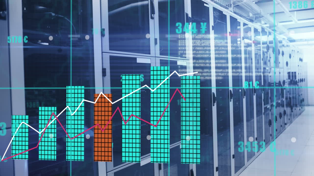 Animation of statistical data processing over grid network against computer server room