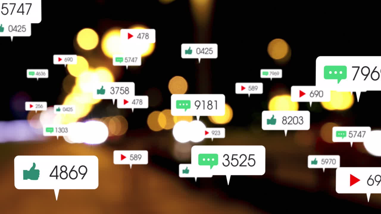 소셜 미디어 아이콘과 숫자의 애니메이션이 초점을 맞추지 않는 교통 신호등