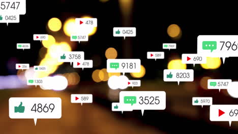 animation of social media icons and numbers over out of focus traffic lights