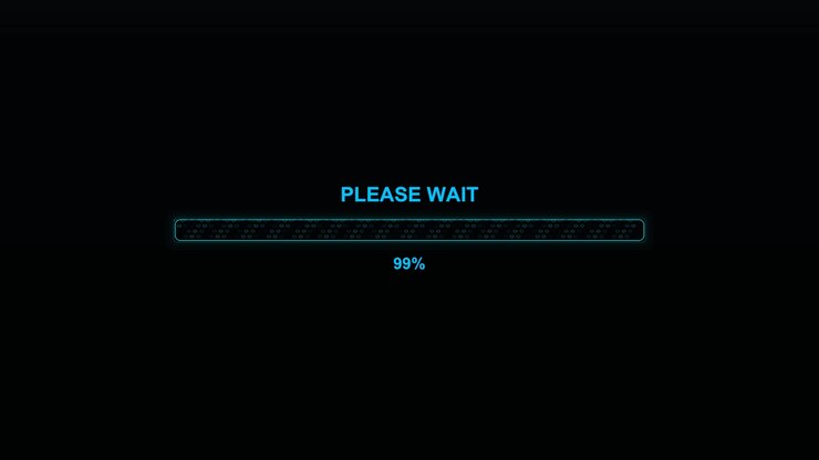 A progressbar animation appears with the message please wait and shows 100 percent completion. This is used by video creators to maintain viewer interest during streaming