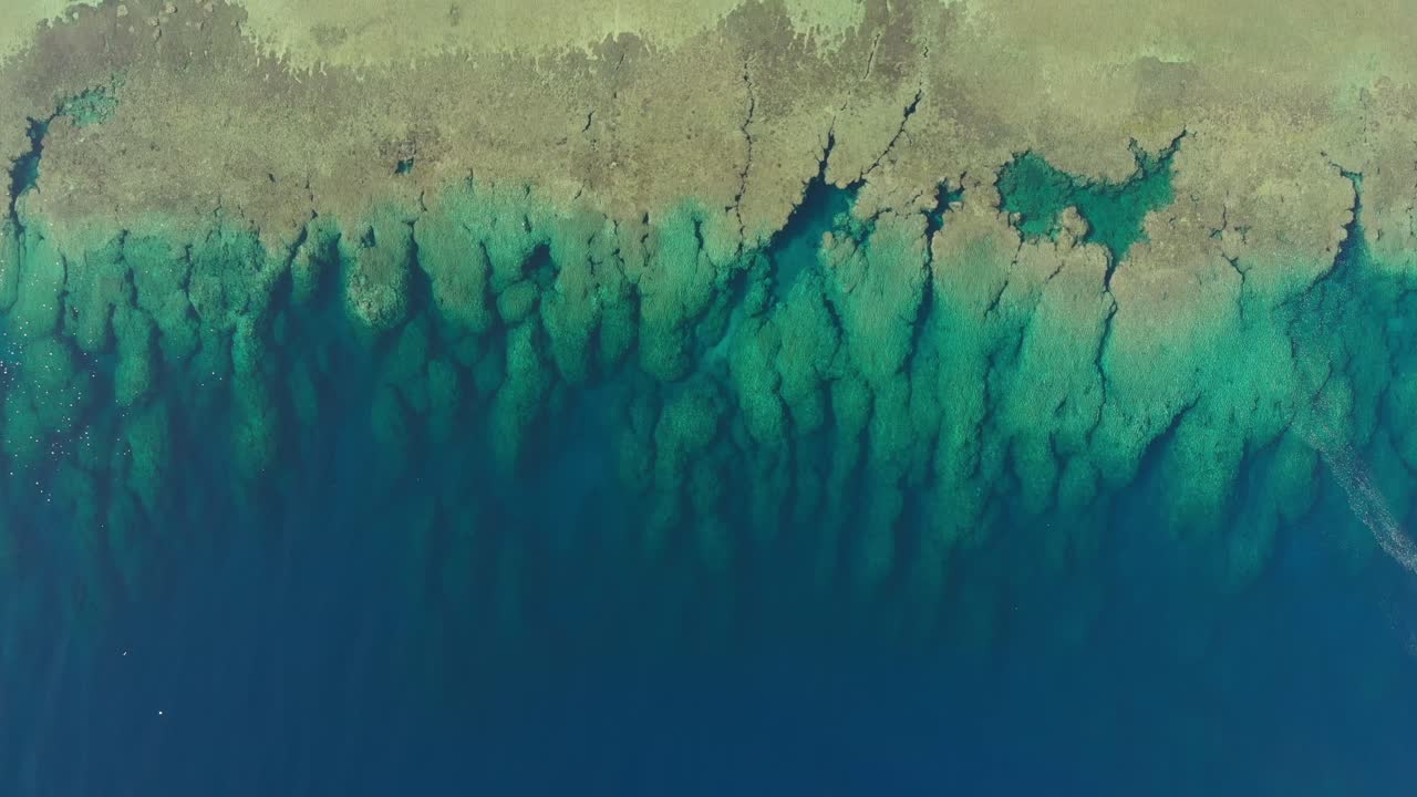 Top Down Aerial Turquoise Sea Meeting Coral Beach, Iriomote Island Okinawa Japan