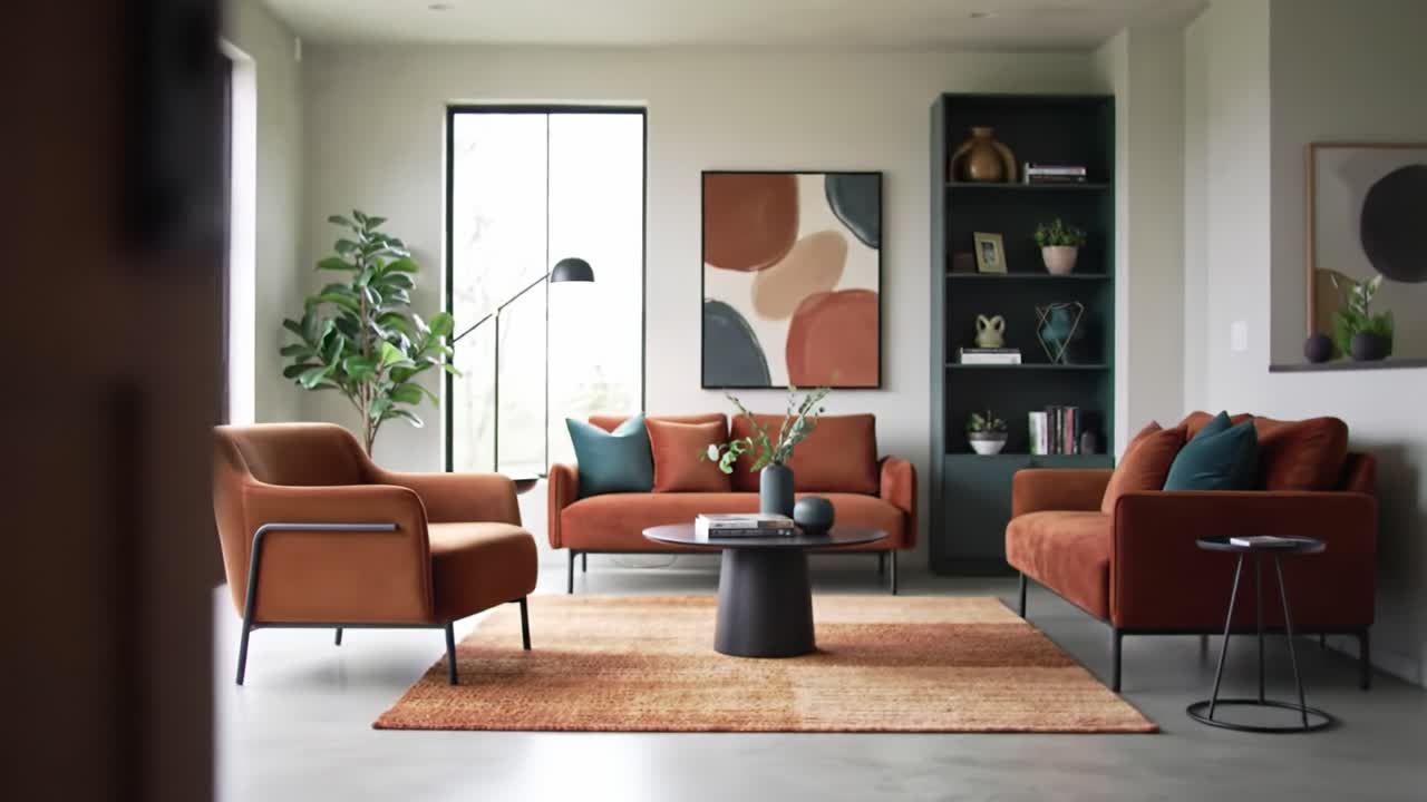 Modern Cozy Living Room Design Featuring Earthy Tones and Stylish Furniture: A Serene Space Combining Comfort and Aesthetic Appeal for Relaxation and Gathering