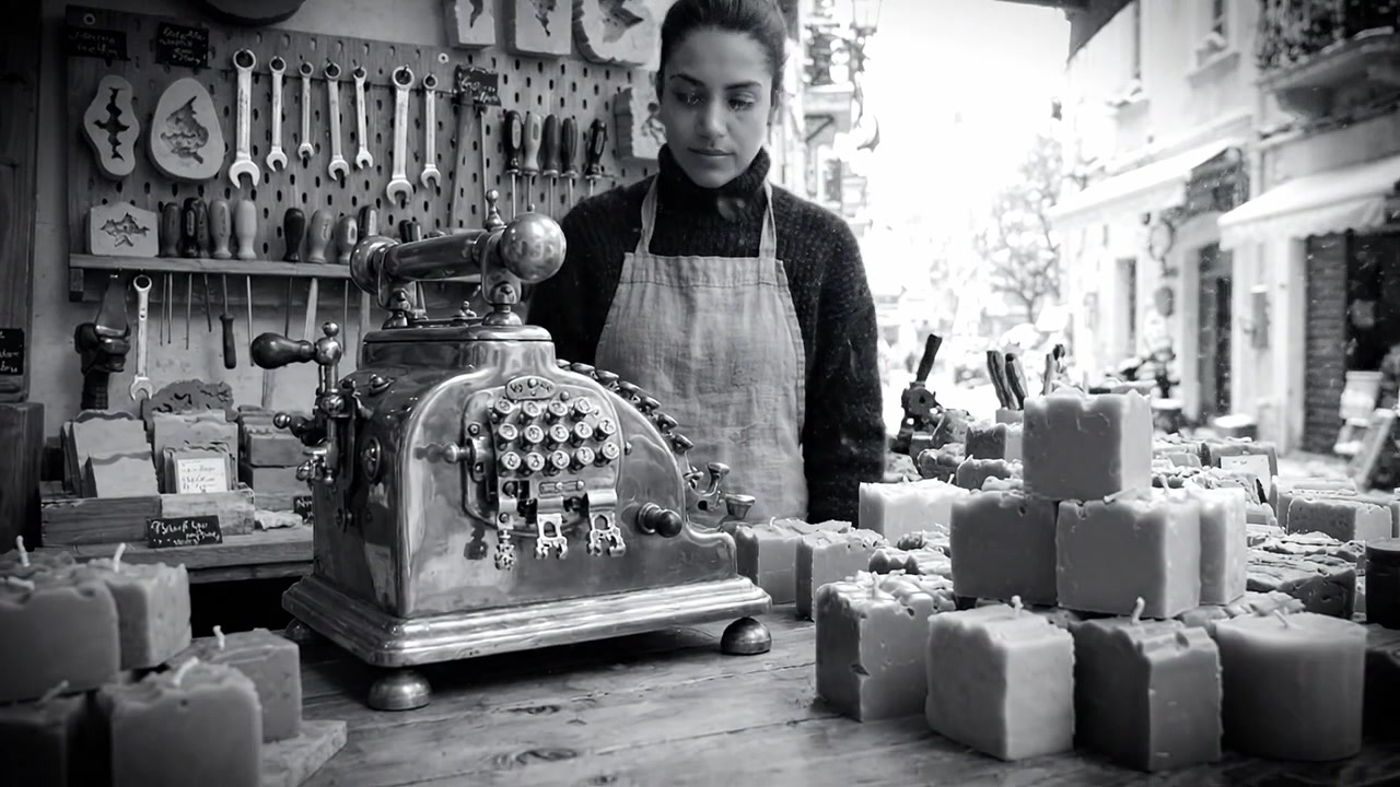 Cena de Mercado Artesanal Apresentando Exposição de Sabonetes e Caixa Registradora Vintage, Caracterizando a Atmosfera de uma Loja Encantadora com Produtos Artesanais Únicos