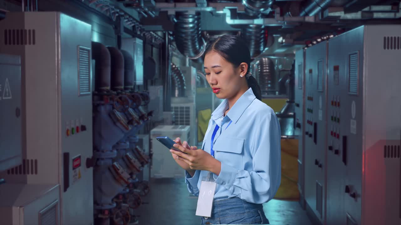 Side View Of An Asian Female Professional Worker Standing In Engine Control Room, Observes By Looking Up Then She Come To Concentrating On The Phone And Keep On Checking