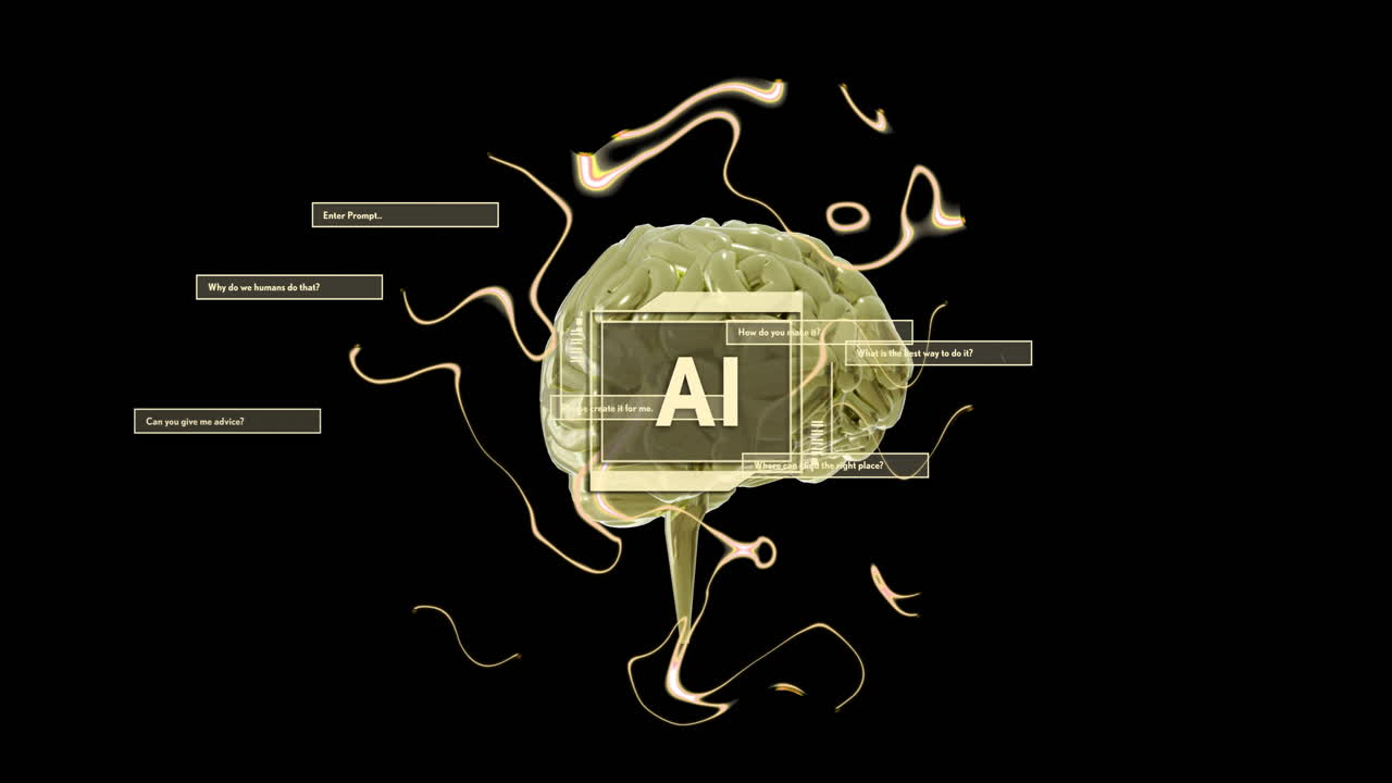 Animation of human brain and ai data processing over black background