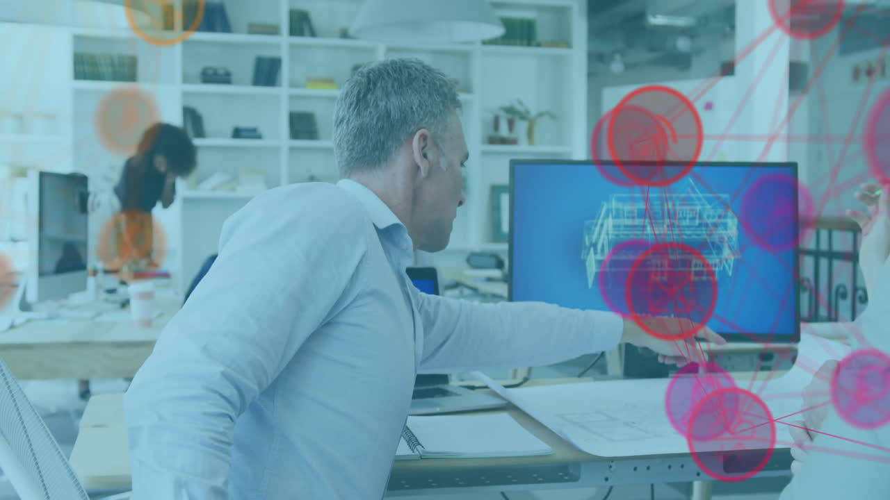 다양한 동료들이 컴퓨터에서 3d 블루프린트를 논의하는 연결된 아이콘 글로브의 애니메이션