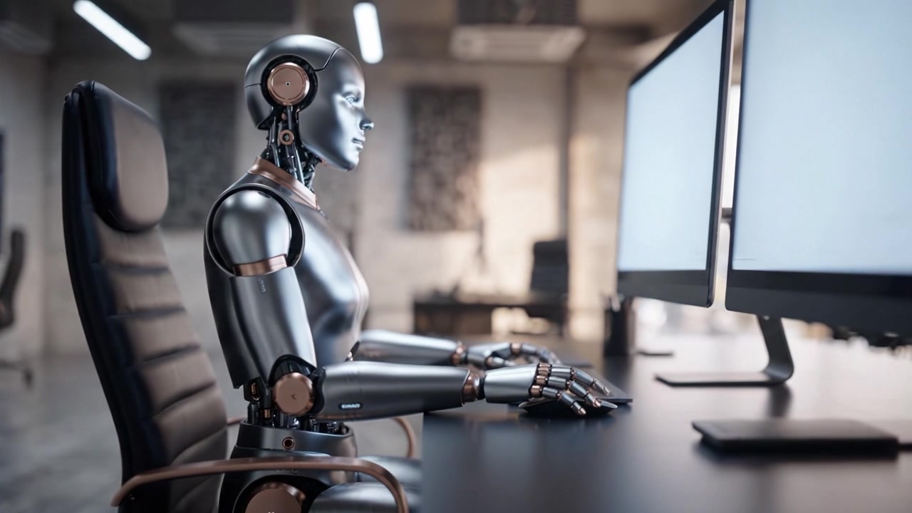 Un robot umanoide futuristico siede a una scrivania, con doppi monitor di computer in un ambiente d'ufficio moderno e ad alta tecnologia, progettato per efficienza e innovazione.
