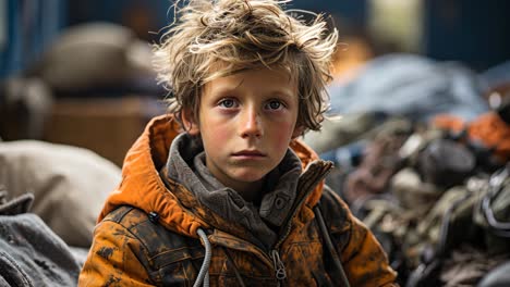 young boy with messy hair wearing an orange jacket in a cluttered space