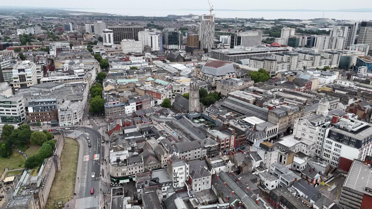 Cardiff City Centre Wales UK drone,aerial push in shot 4K