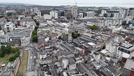 cardiff city centre wales uk drone,aerial push in shot 4k